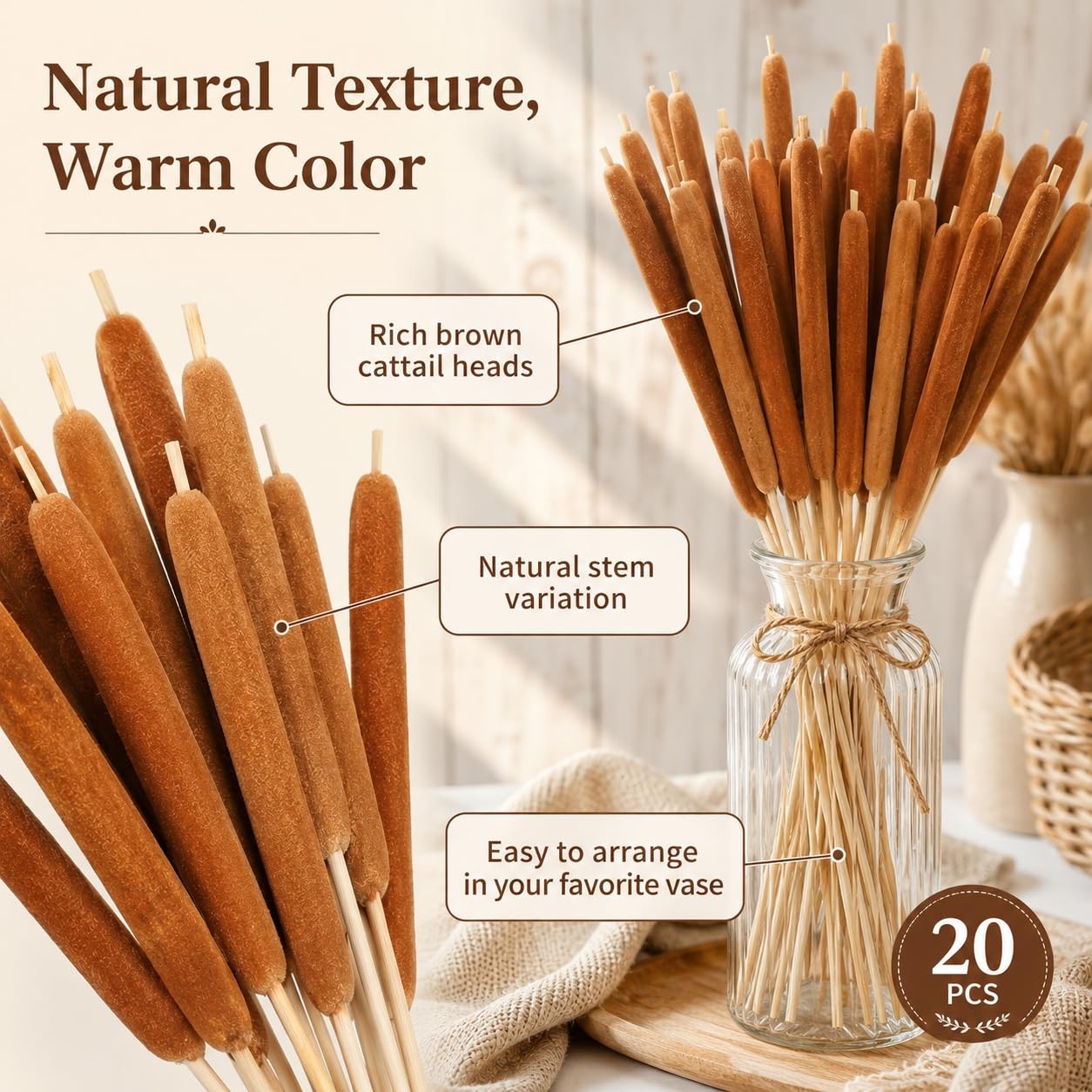 20PCS Dried Natural Cattails Stems 17″ Real Brown Bulrush Reed Grass for Vase…