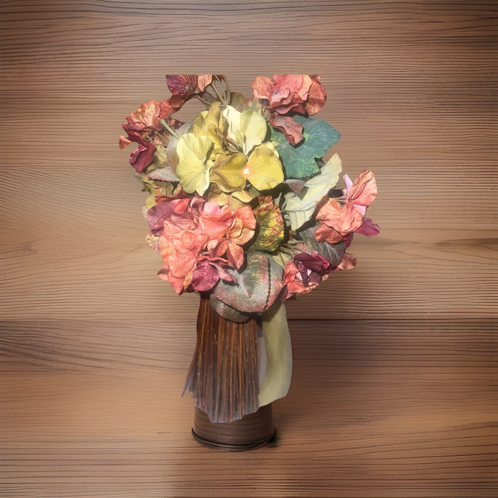 Artificial Hydrangea Bouquet w/Stick Style Vase, Mix Of Cream, Burgundy, & Green