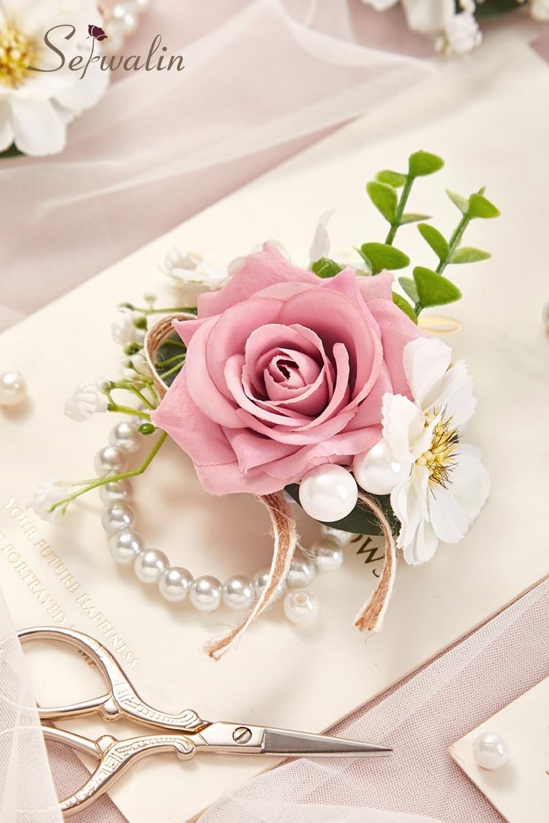 6 PCS Pink Rose Wrist Corsage for Wedding, Corsage for Prom Homecoming Party …