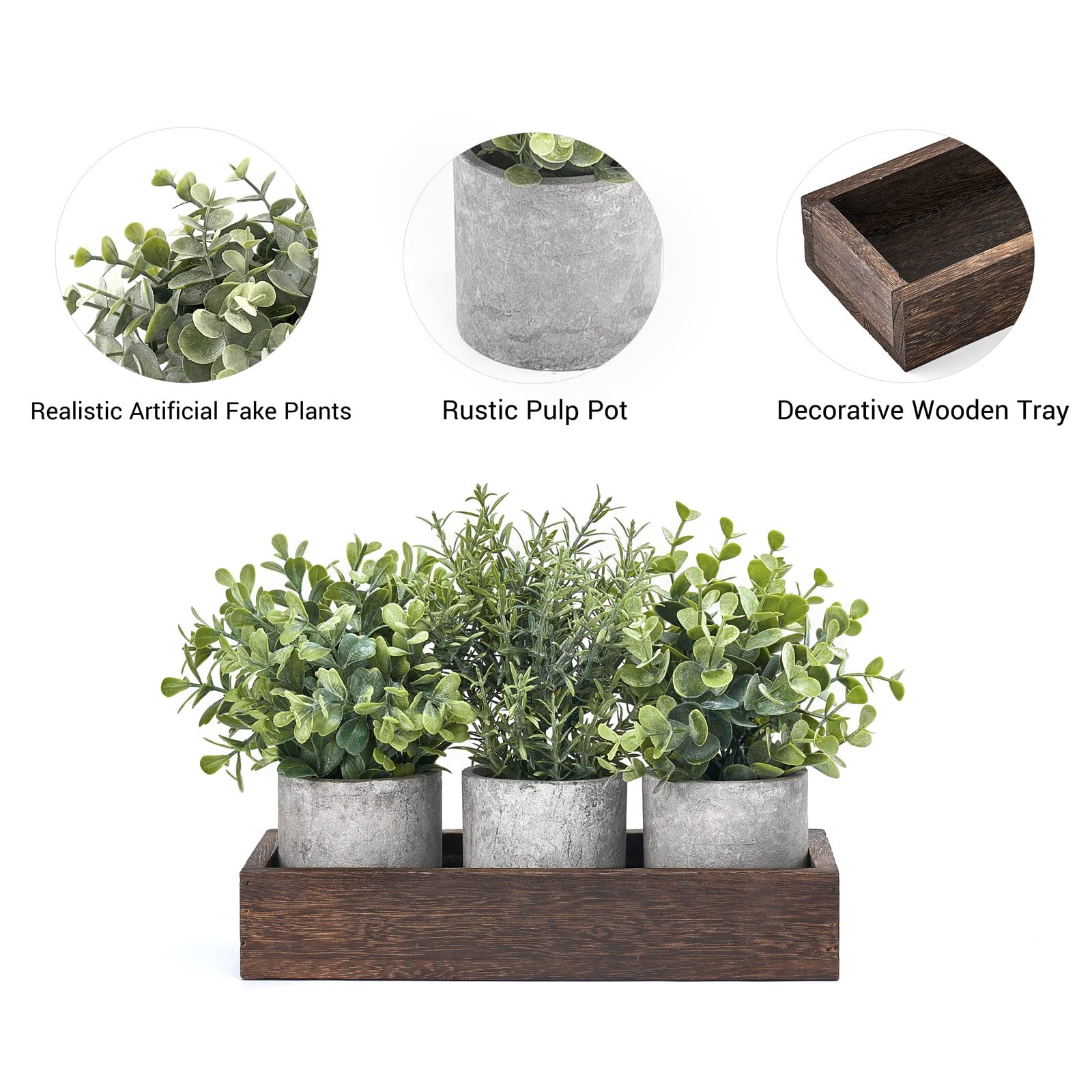 3 Pcs Mini Potted Eucalyptus with Wood Tray Farmhouse Table Decor for Kitchen