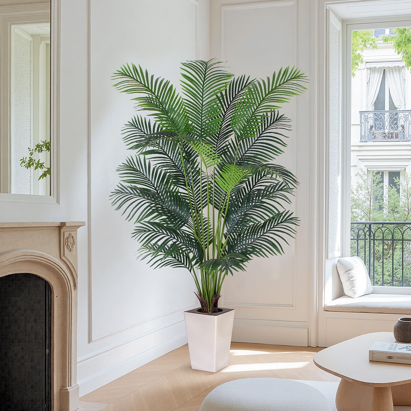 Artificial Palm Tree with White Tall Planter, 7ft Tall Potted Artificial Silk…