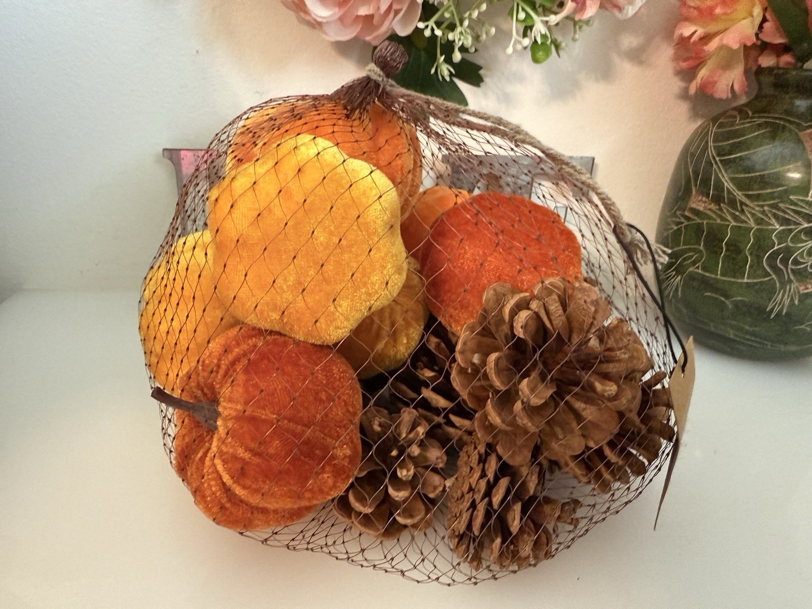 Fall 16 Pcs Velvet Pumpkin and Pinecones Net Bag Decoration Set Assort Sizes New