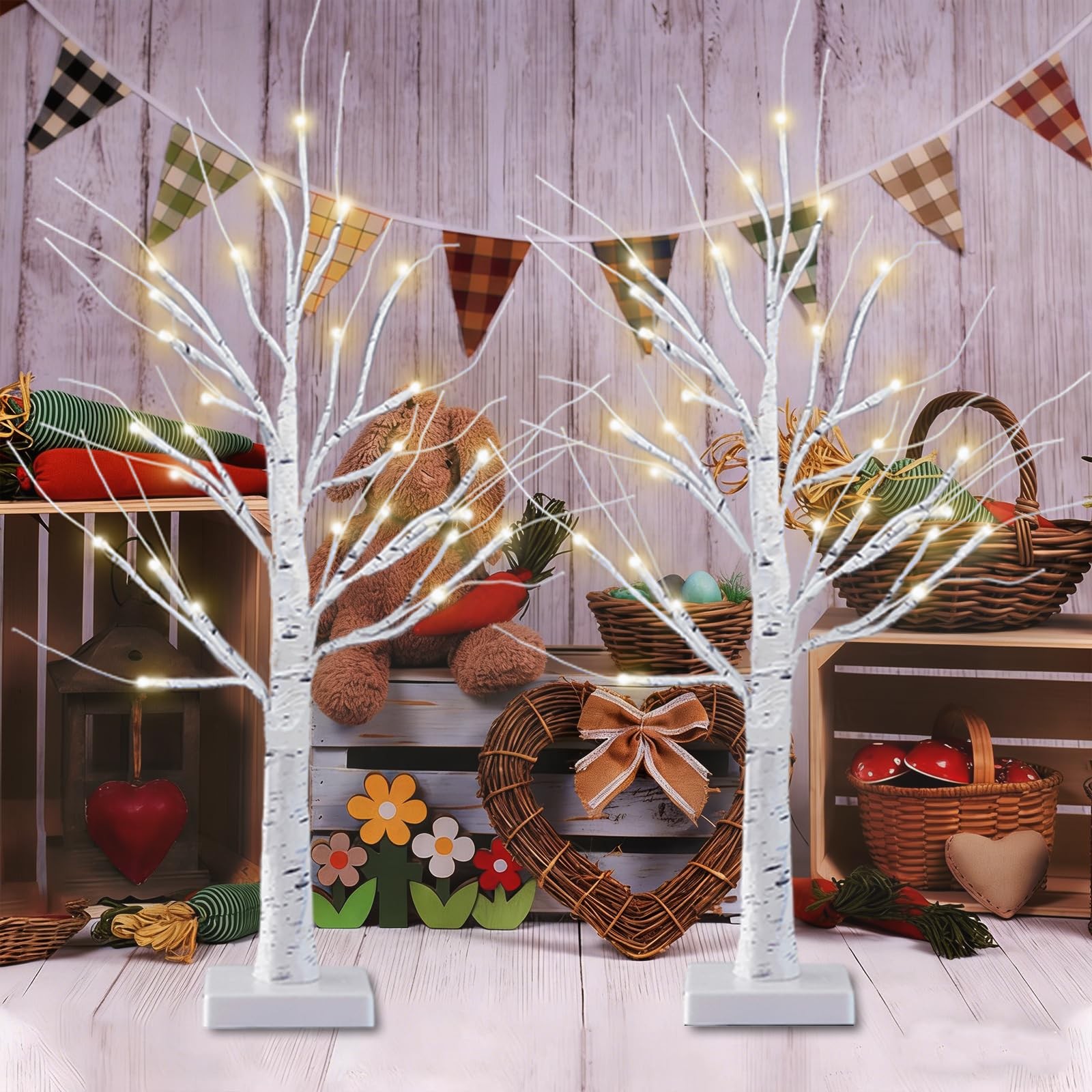 2 PCS 2 FT Lighted Birch Tree Timer Easter Decor 48 LED Tabletop Center
