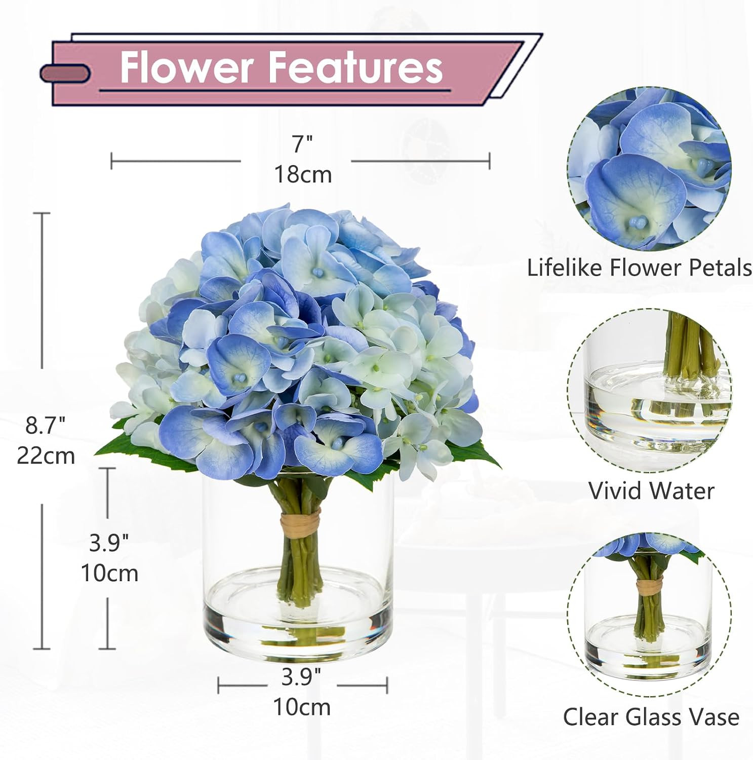 Real Touch Blue Hydrangea Artificial Flowers in Glass Vase for Home Decor
