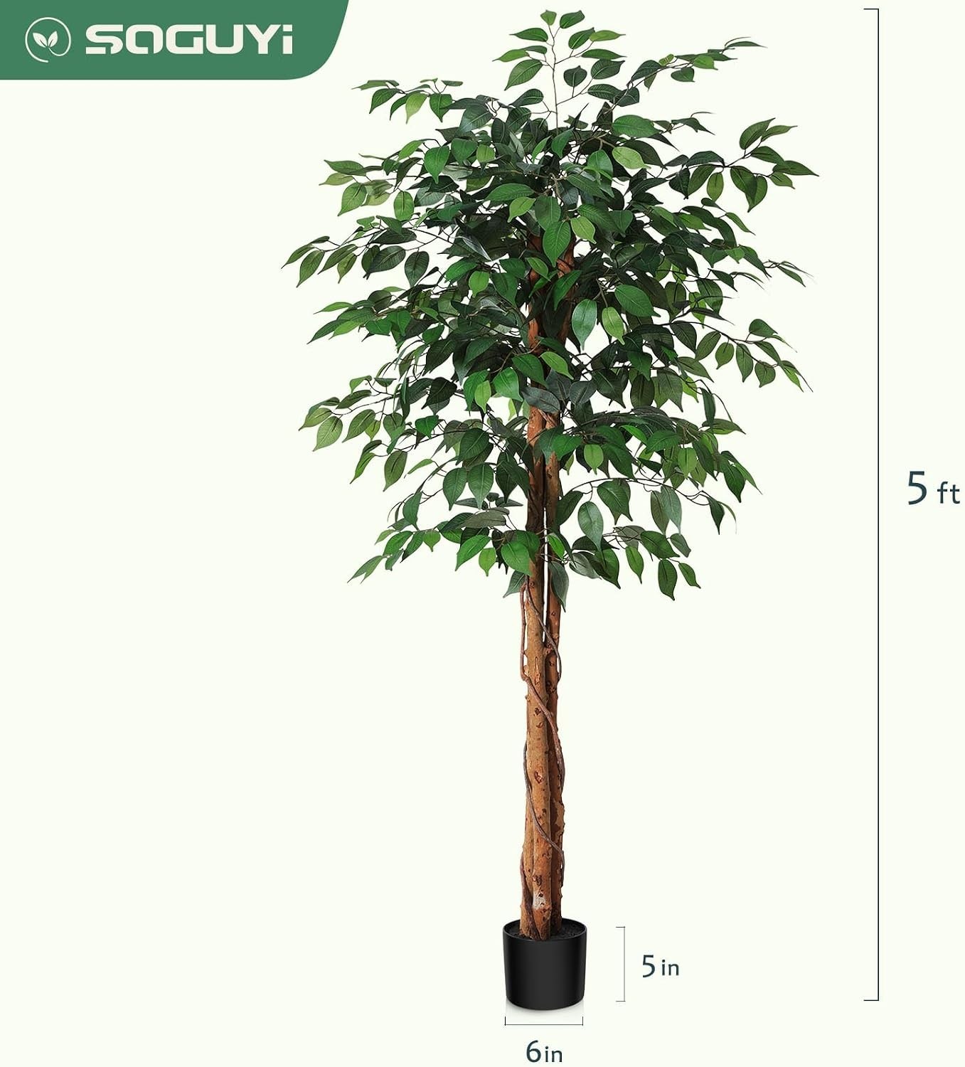 5ft Artificial Ficus Tree with Natural Wood Trunk, Silk Fake Ficus Tree in Pl…