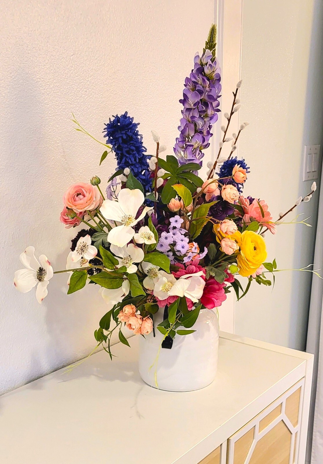 “Wildflower Meadow” Colorful Faux Floral Arrangement w/ Large Southern Magnolia