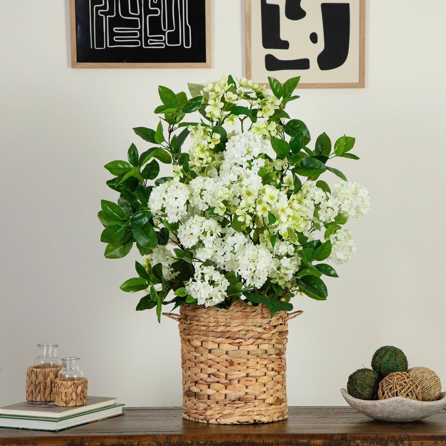 31” Artificial Mixed Flower & Hydrangea Arrangement in Hyacinth Weave Basket