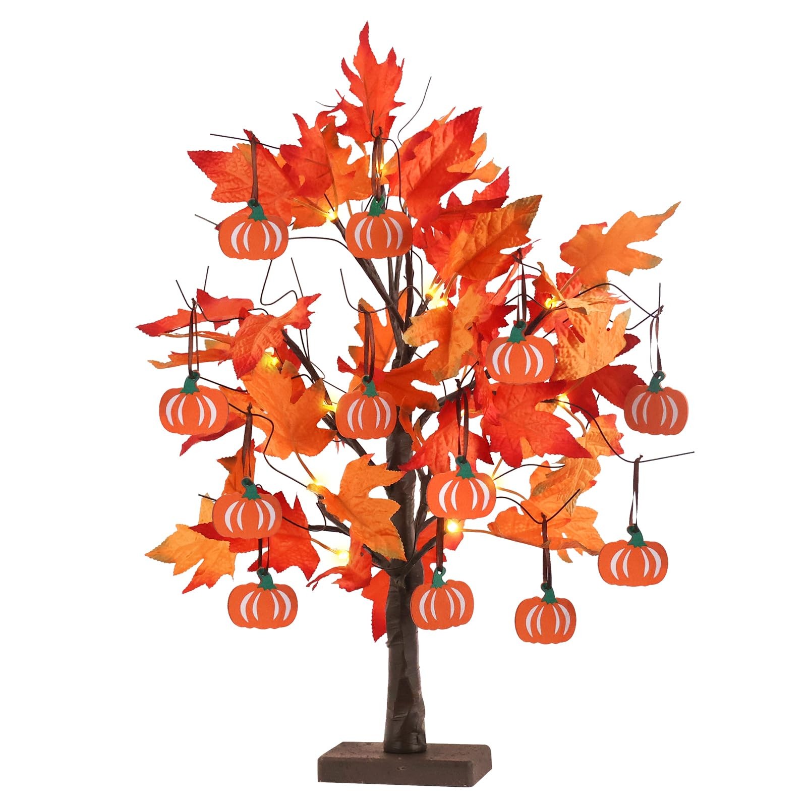 Lighted Maple Leaves Tree 24 LEDs 12 Wood Pumpkins Battery Powered Timer