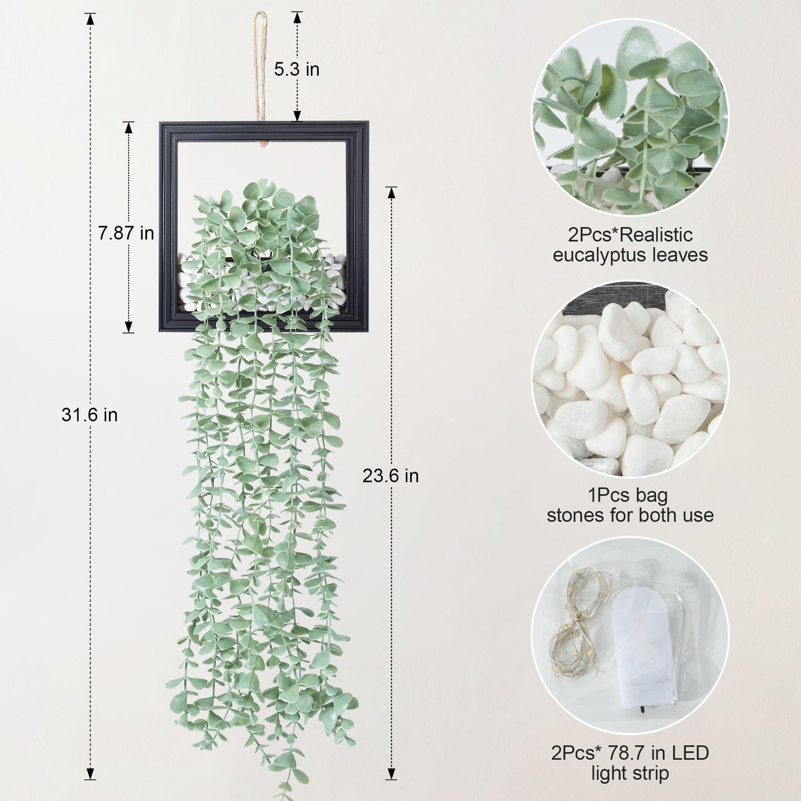 2 Pack Fake Plants Hanging, Artificial Eucalyptus Vines in Square Wooden Fram…