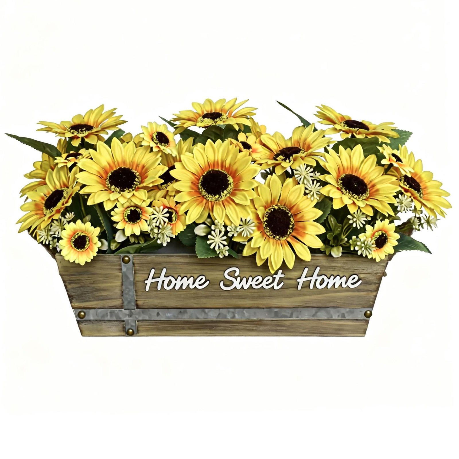 Artificial Sunflower Arrangement in Rustic Wood with “Home Sweet Home” Sign, …