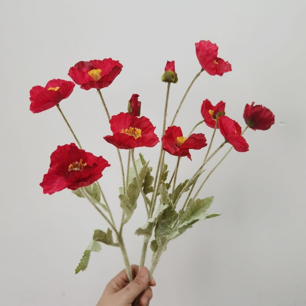3 Bundles of 22 inches Tall Red Poppy Flowers Artificial,Ranunculus Artificial F