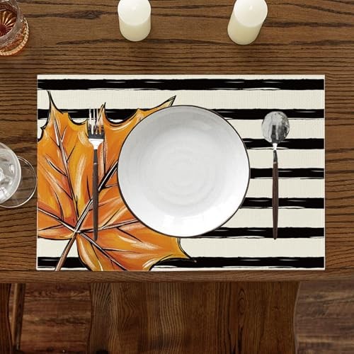 Happy Fall Hello Pumpkin Placemats Set of 6,Black Stripe Autumn Fall Black