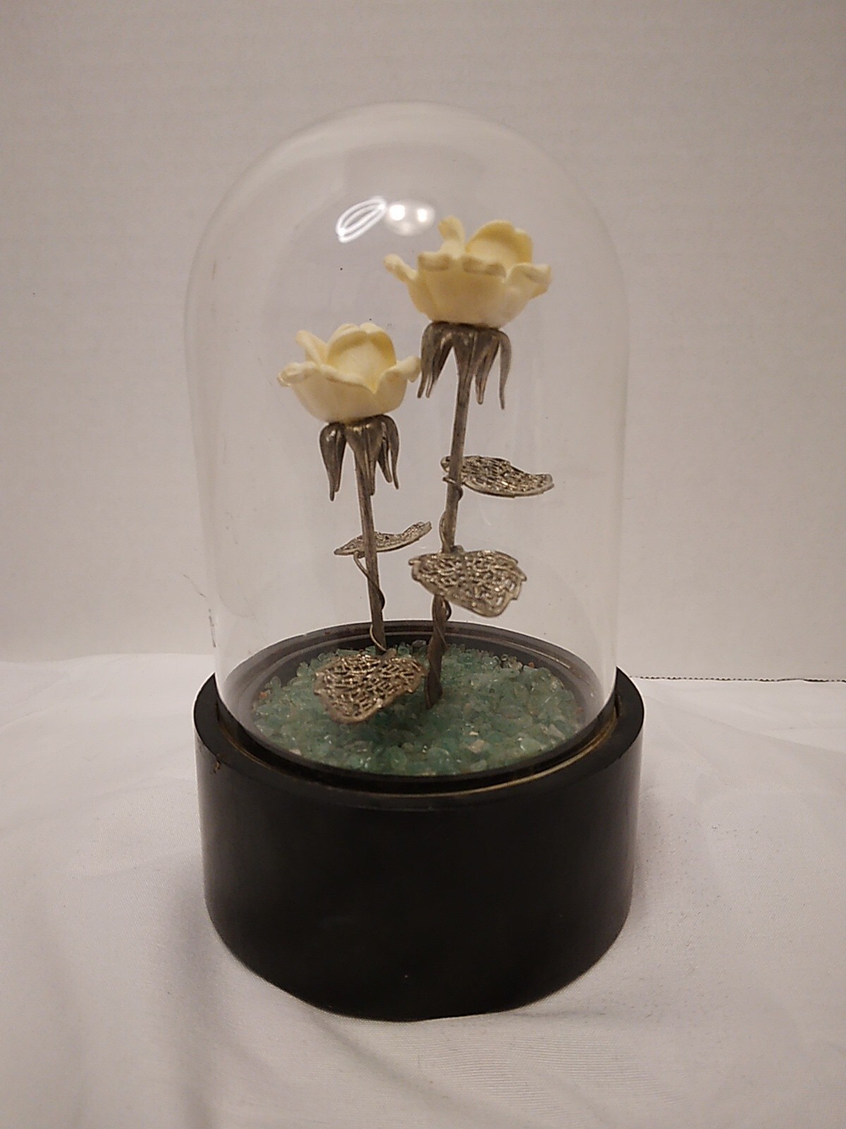Glass Dome Display With Porcelain Roses On Silver Stems Wood Base NEEDS CLEANING
