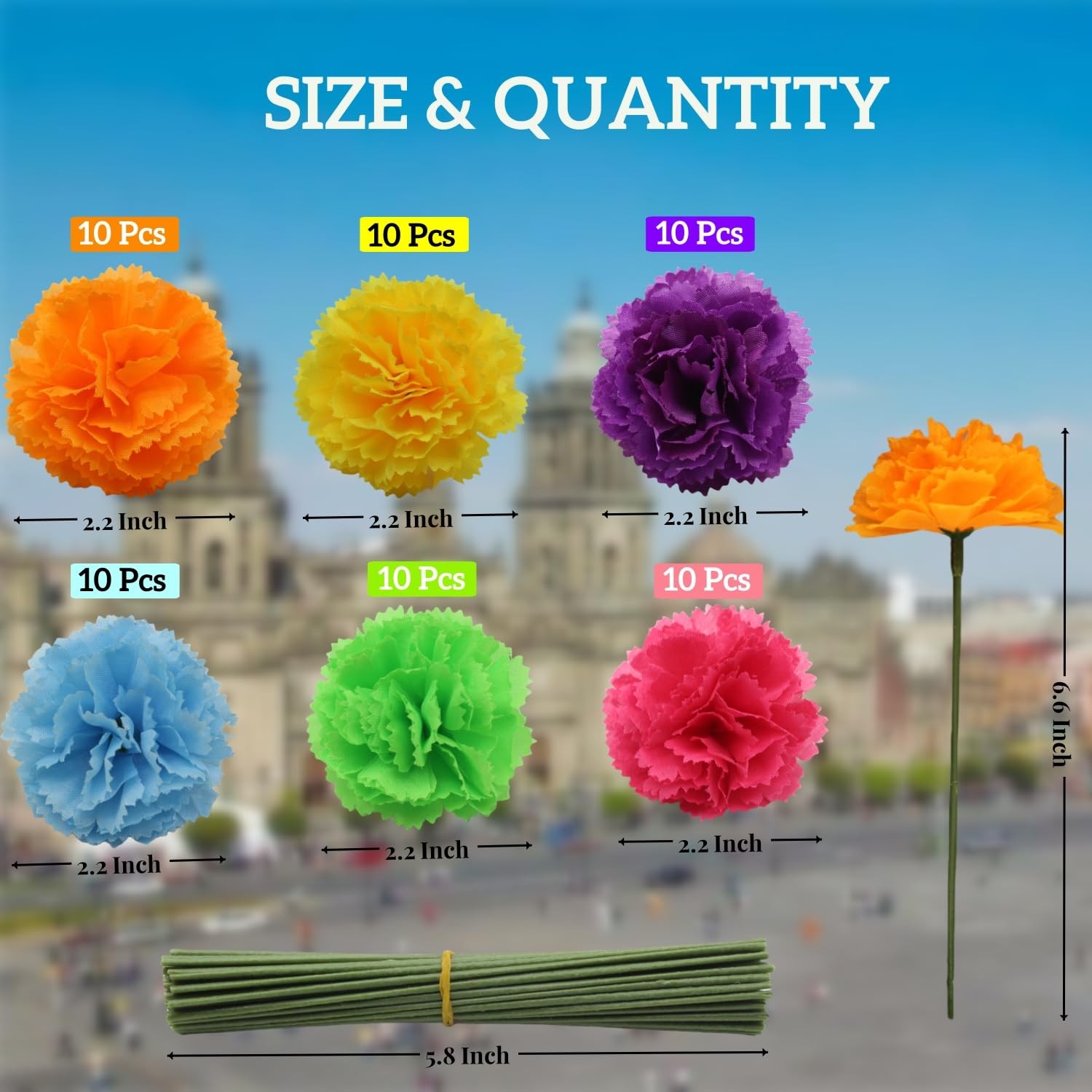 Artificial Marigold Flowers with Stems, 60 Pcs Silk Flowers Marigolds for Day Of