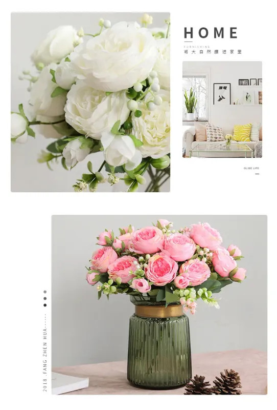 30cm Rose Pink Silk Peony Artificial Flowers Bouquet 5 Big Head and 4 Bud Cheap