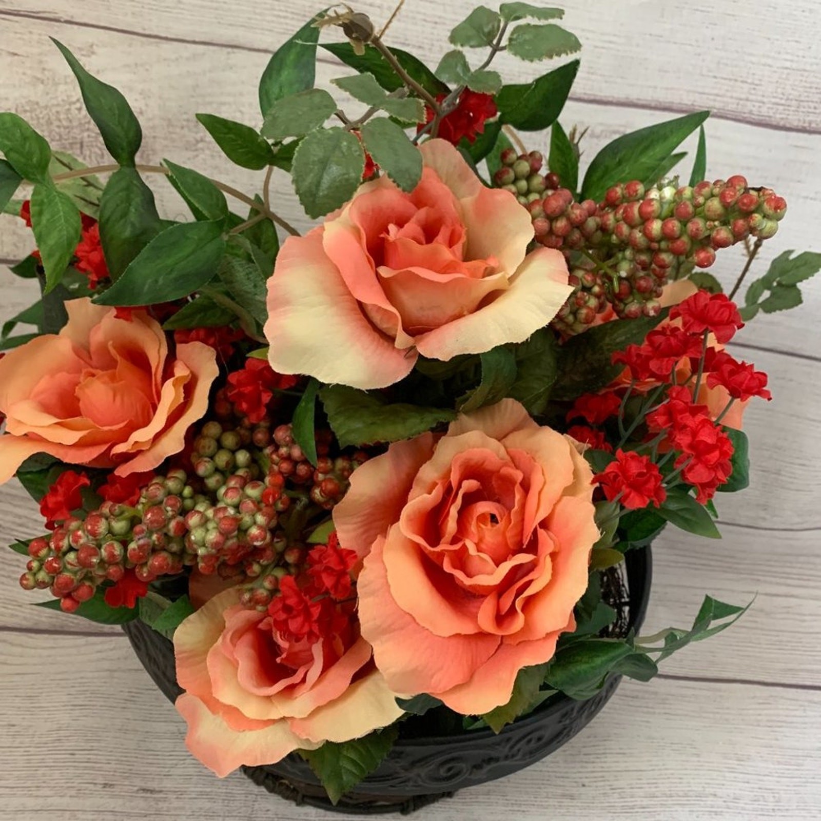 Faux Floral Arrangement Basket Wall Hanging Planter Rose Flower and Berries 15″H
