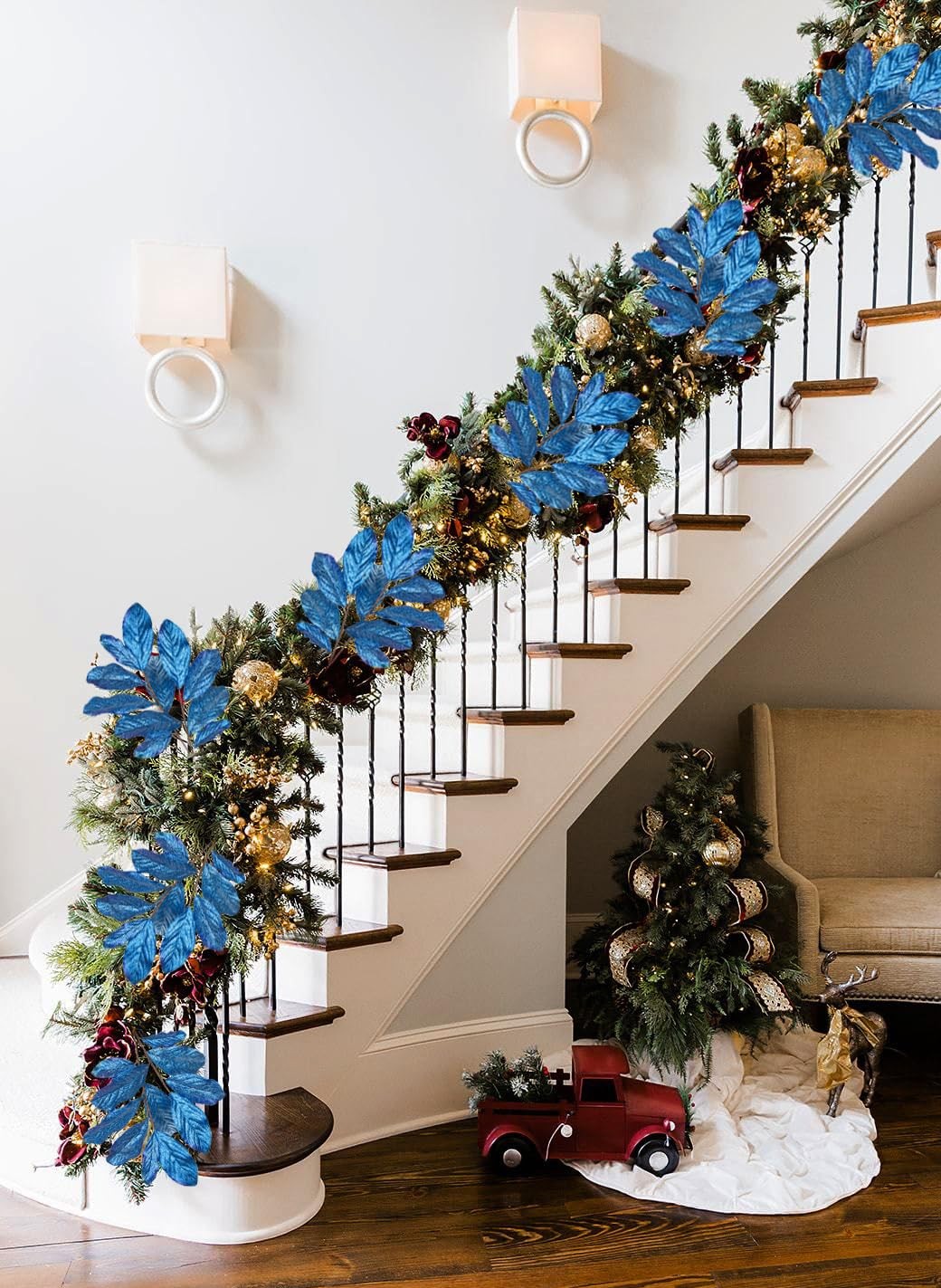 31″ Royal Blue Glitter Magnolia Leaves Stems Picks and Sprays, Artificial Gli…