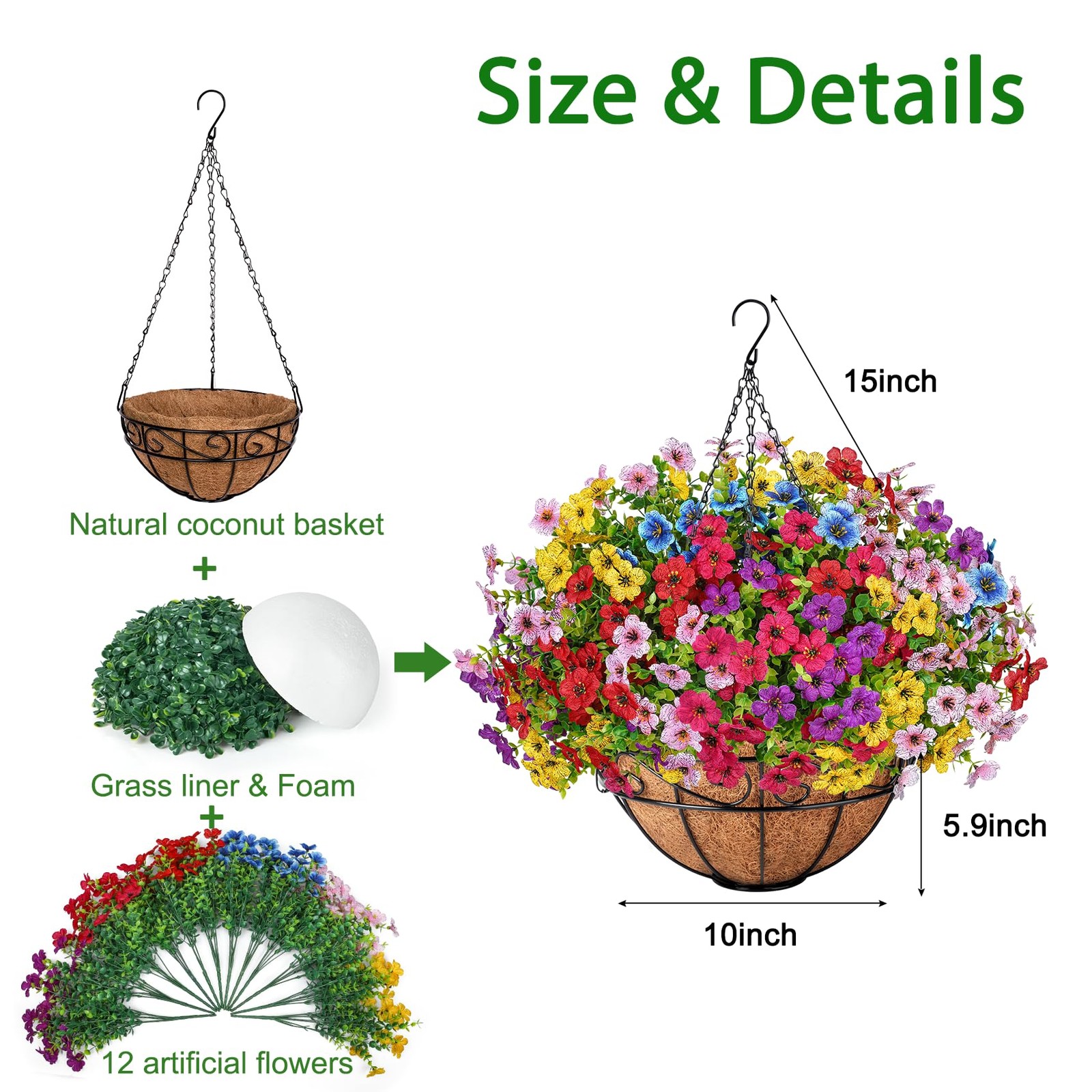 Artificial Hanging Flowers with Basket, Fake Hanging Plants with Faux Silk Fl…