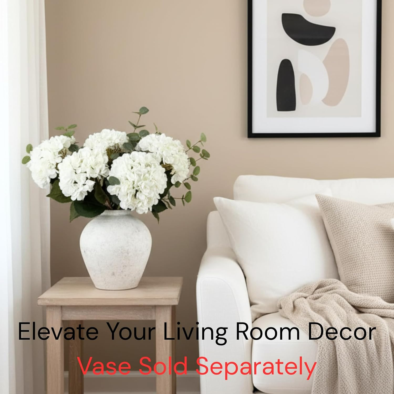 Realistic White Faux Hydrangea & Eucalyptus Arrangement for Home Decor