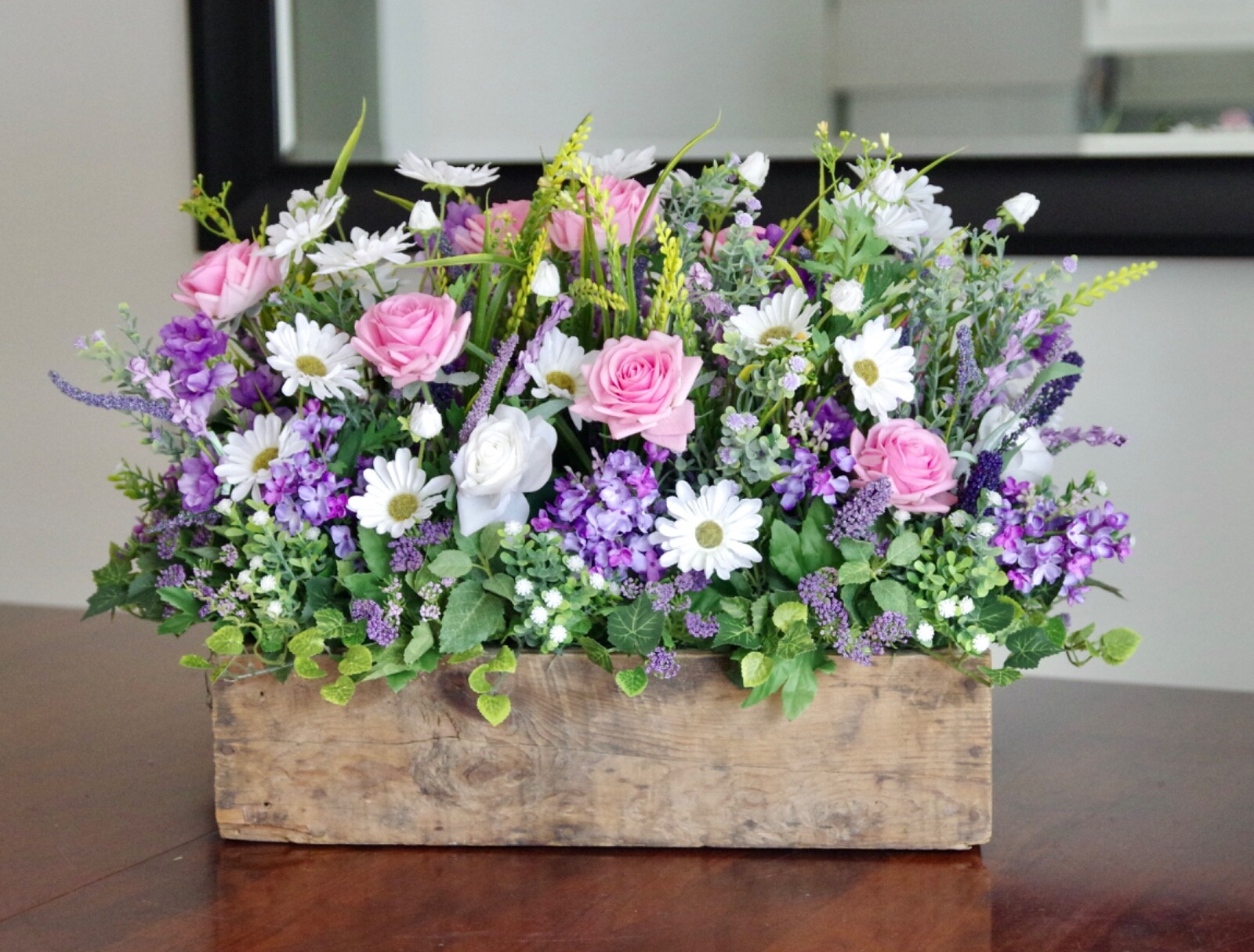 Vintage Wooden Box With Silk Pink and White Rose and Lavender Lilac Arrangement