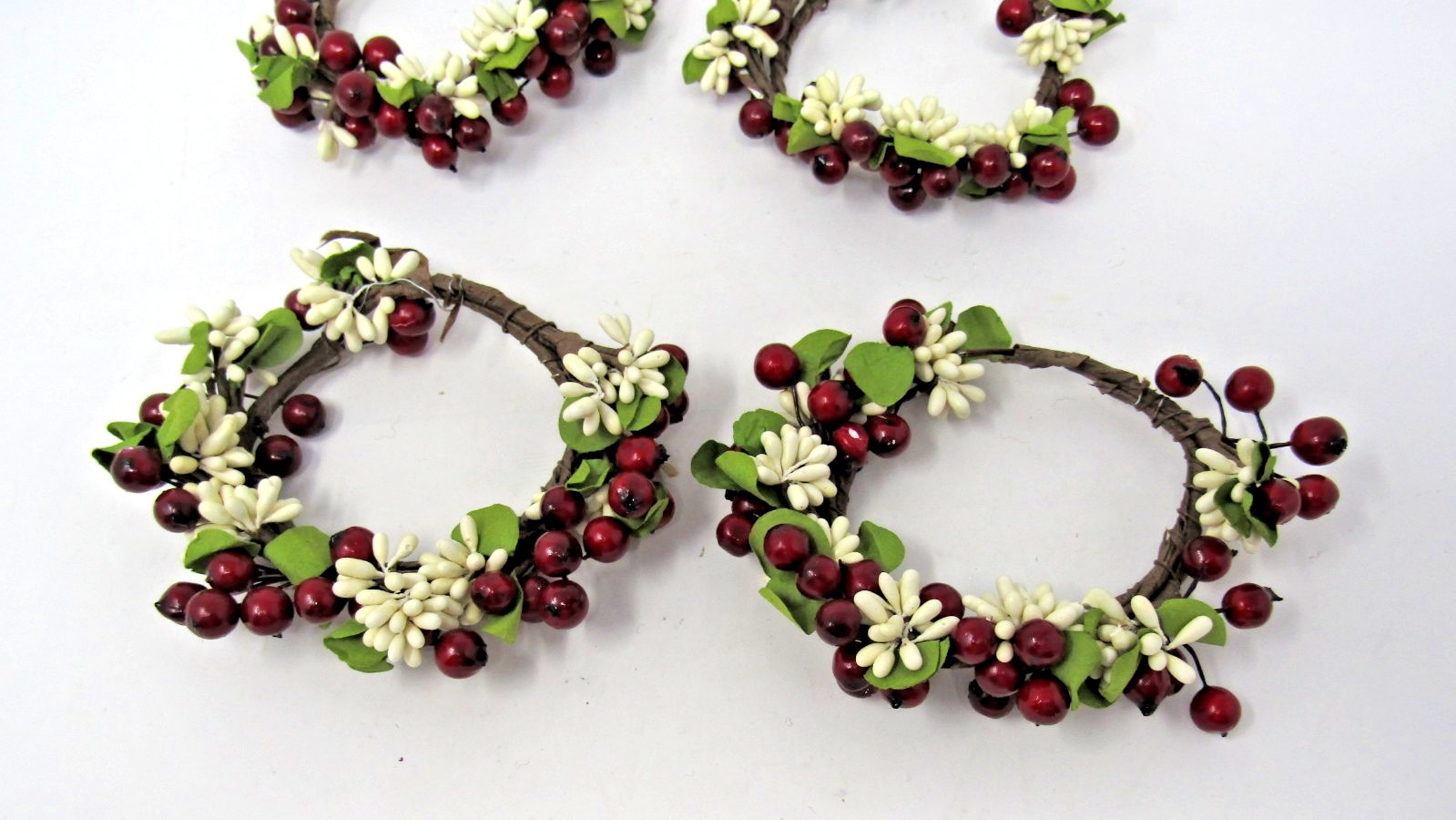 Red Green and White Faux Berries Candle Ring Wreath 2.5″ Opening Lot of 4
