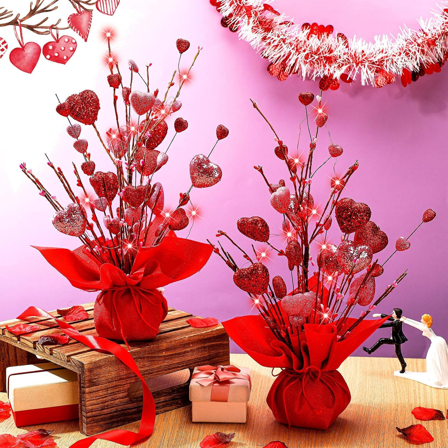Ganeen 2 Pack Valentines Heart Table Tree Decorations 18 Inch LED Light up