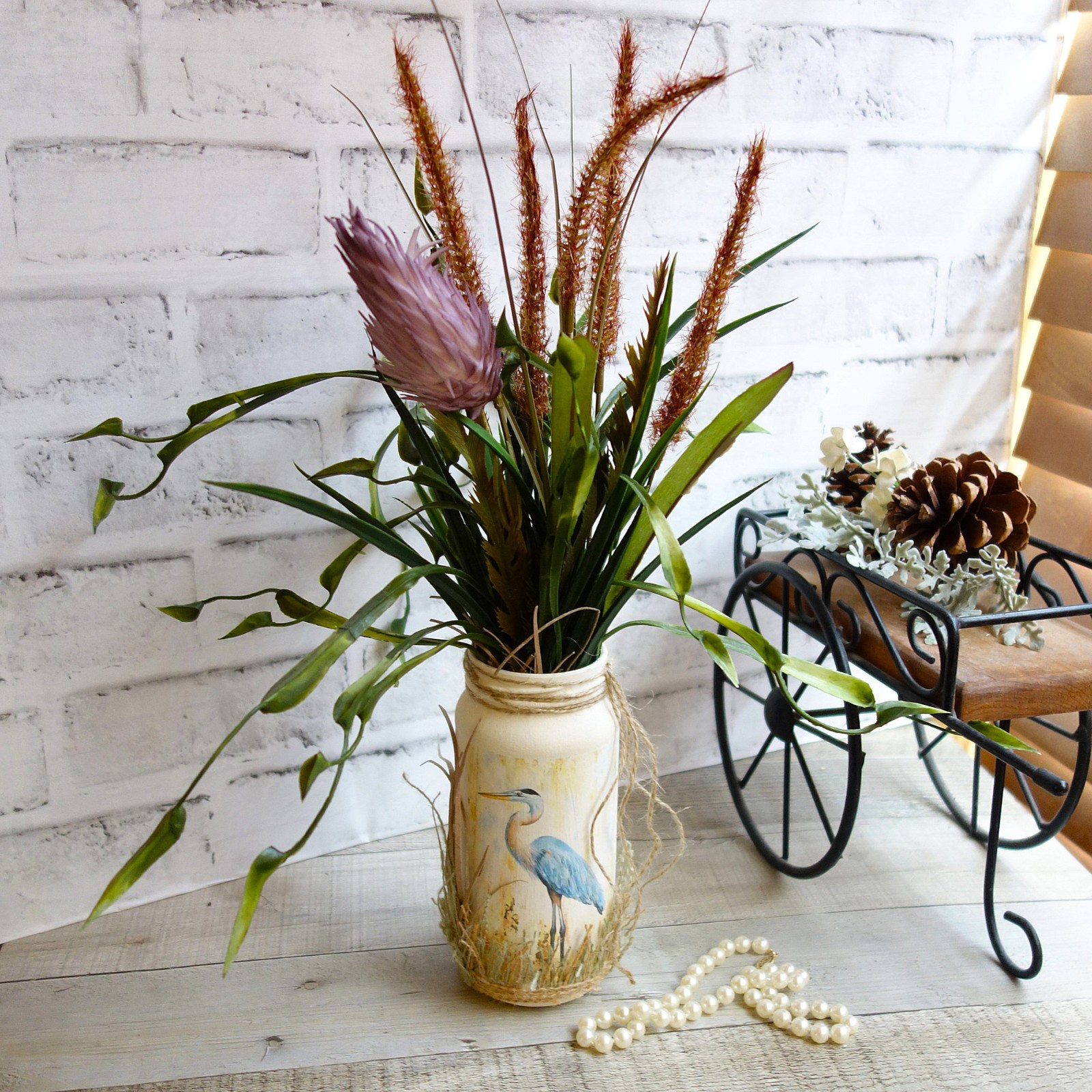 Blue Heron Vase & Floral Arrangement Blue Heron Art Crane Decor Wading Birds