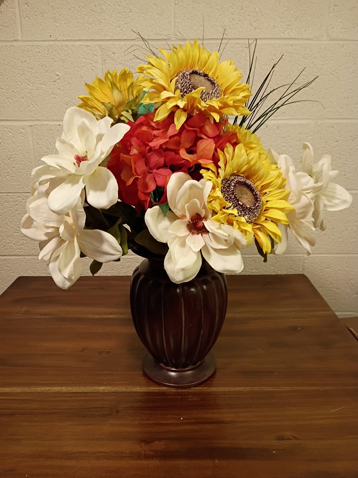 Bouquet of Large Silk Flowers In Bronze Vase