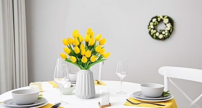 12pcs Yellow Tulips Artificial Flowers, 13.4″ PU Flowers Fake Tulips for Spring