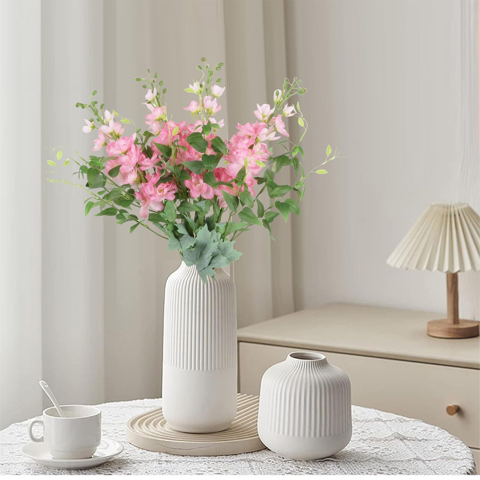 8PCS Pink Artificial Delphinium Flowers with Clematis Greenery Long Stem Arti…