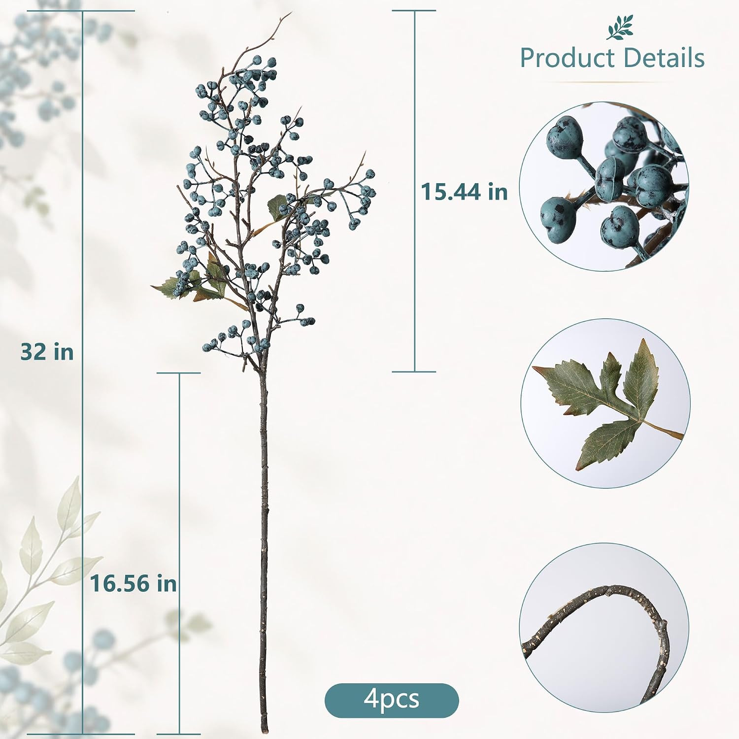 HyeFlora 4 Pcs Artificial Blueberry Stems, 32 Inch, Dual Blue Rose | Faux Berry