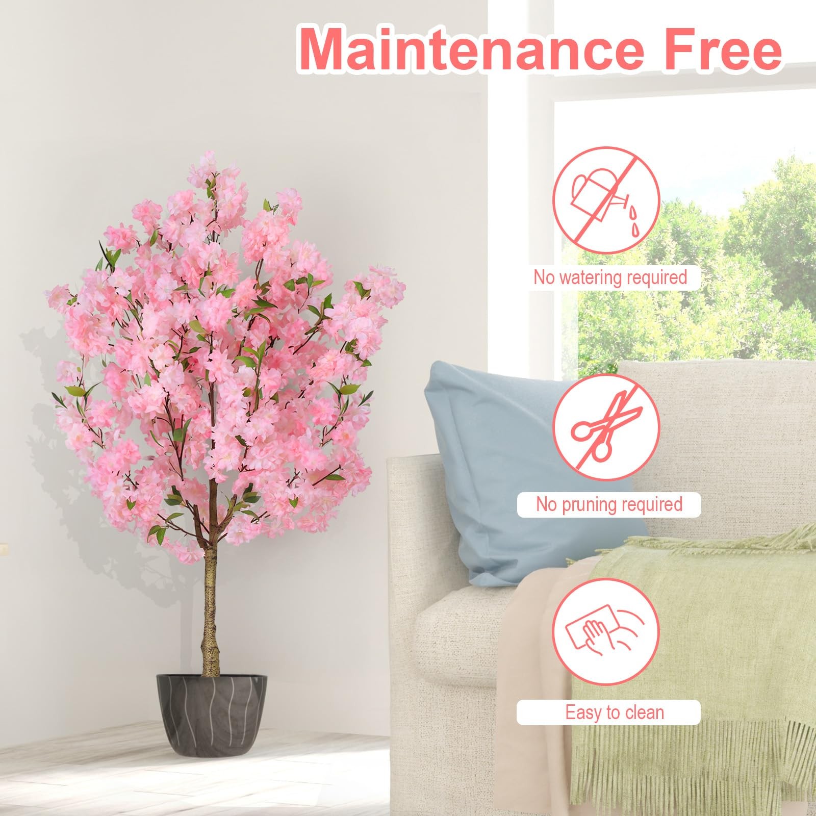 Cherry Blossom Artificial Tree, Fake Tree Faux Silk Plant with Plastic Nurser…