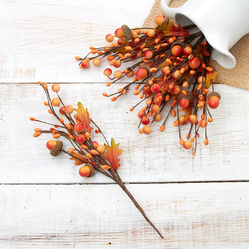 Package of 6 Faux Autumn Orange Berry, Acorn, and Oak Leaf 9-1/2″ Picks