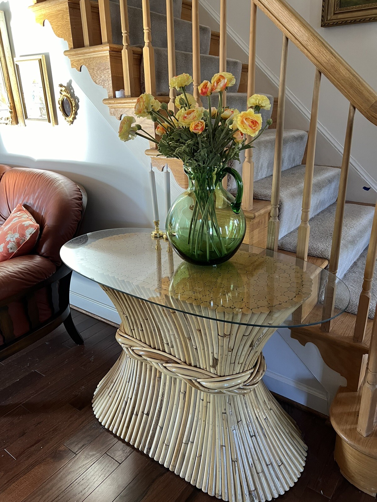 Large Custom Floral Arrangement Realistic Yellow Ranunculus In Green Glass Jug