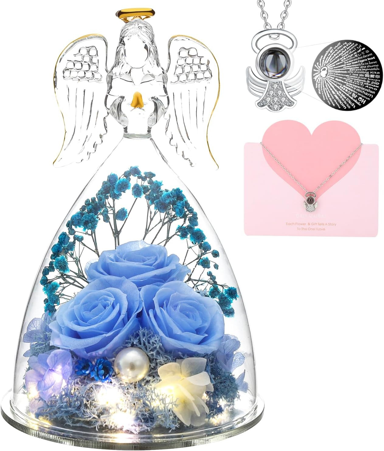 Gifts for Women for Mom Preserved Blue Rose with Lights Forever Flower in Glass