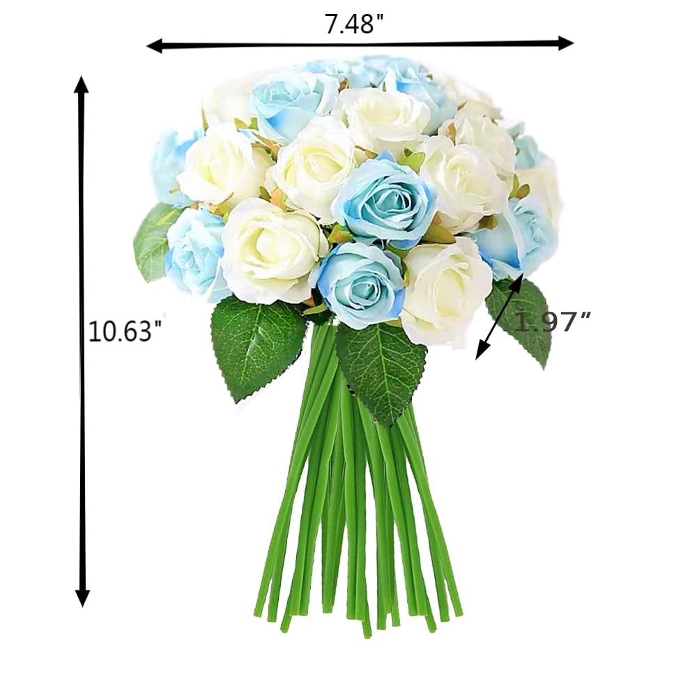 Blue White Artificial Roses Flowers 12 Heads Arrangement Silk Bouquet 1 PCS