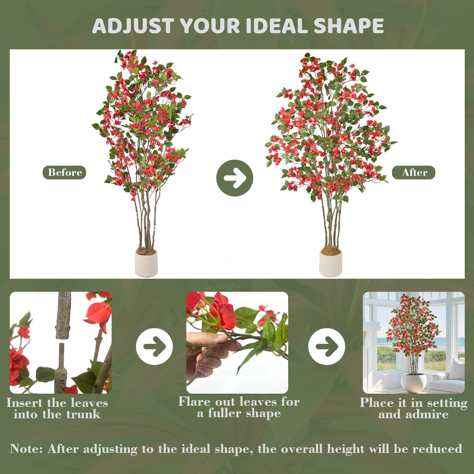 Artificial Red Bougainvillea Tree 6FT with 270 Flowers & White Planter Realis…