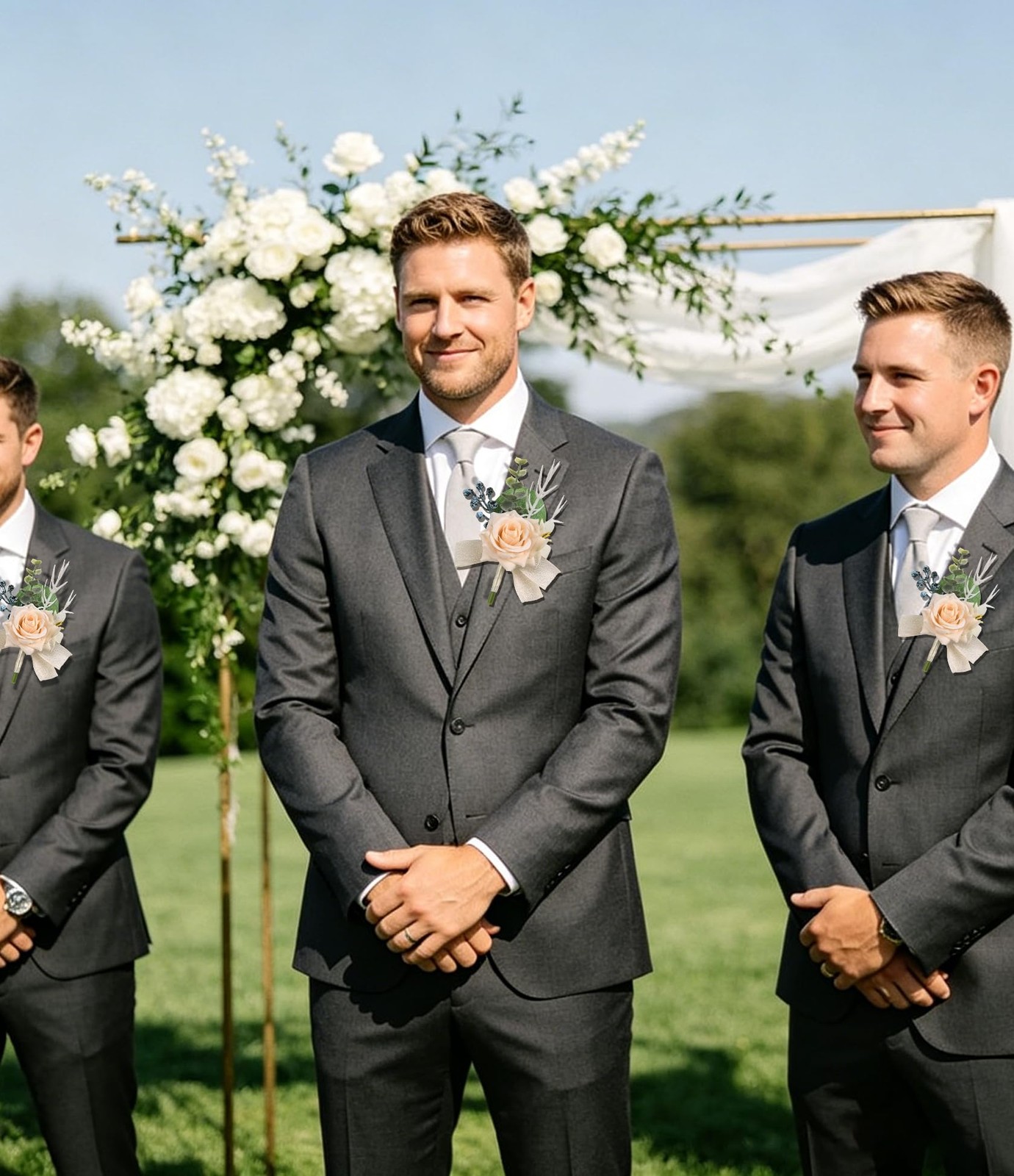 6Pcs Champagne Boutonnieres for Men Faux Rose at Formal Wedding