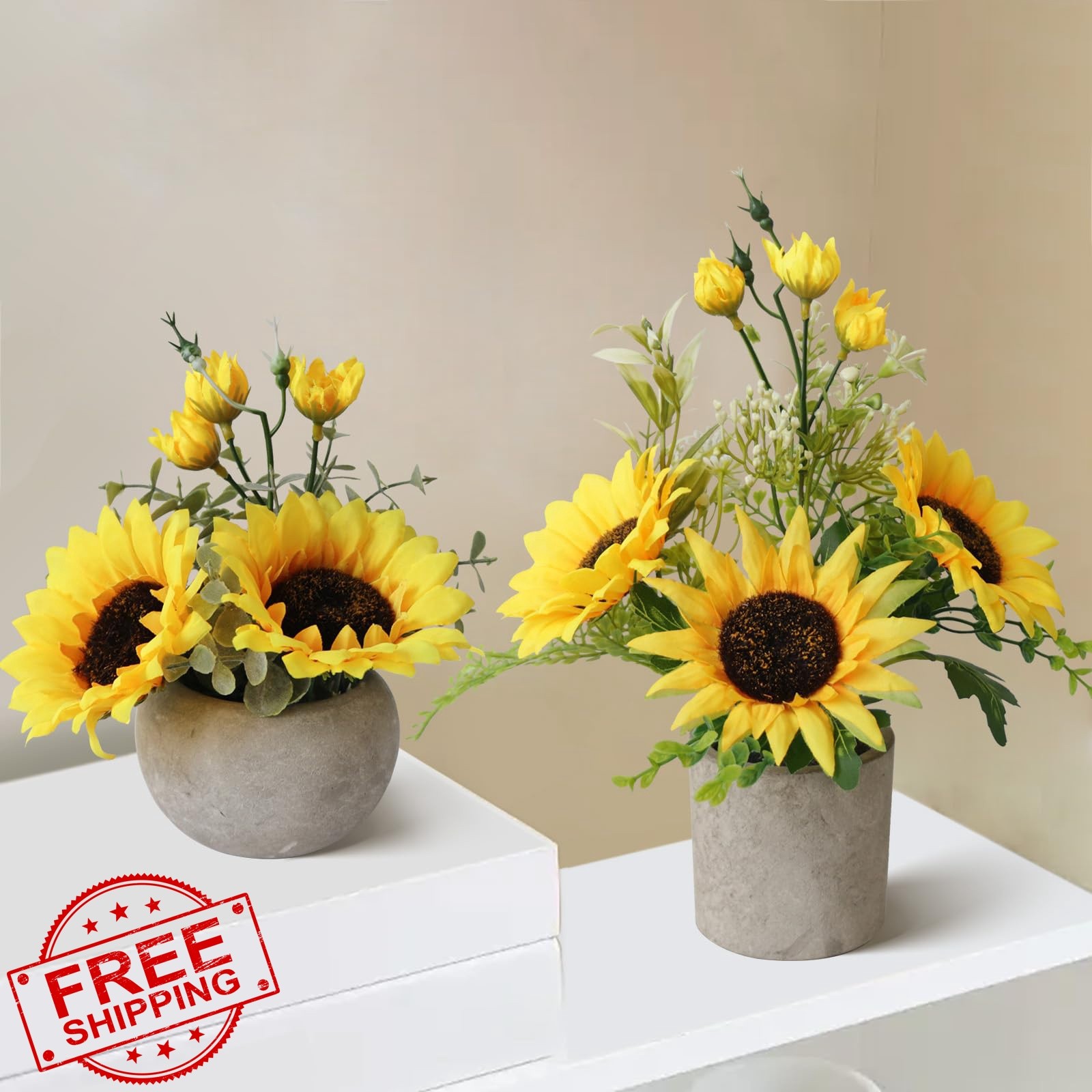 Leftover Sunflower Pot Artificial Flowers 7.48”+11.4” Yellow