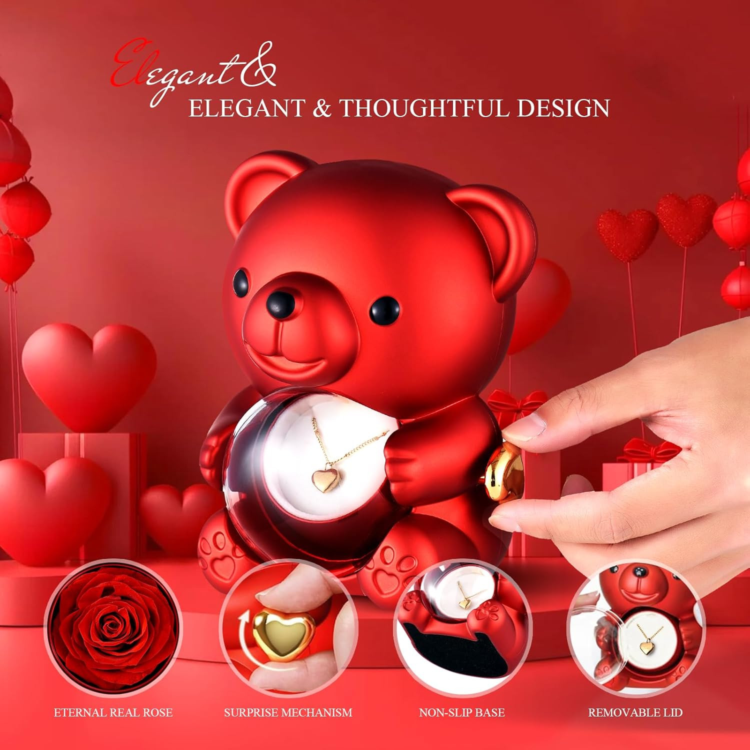 Romantic Hug Teddy Bear with Necklace, Preserved Red Rose, Gift Box for Women