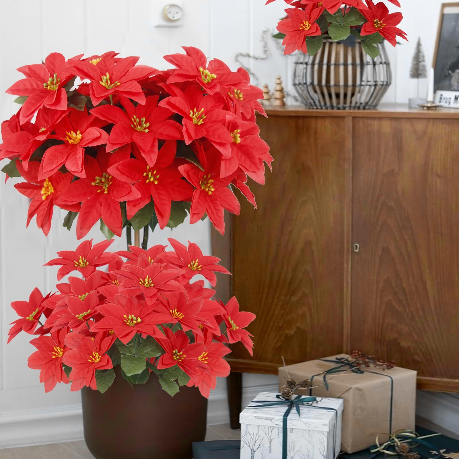8 PCS CHRISTMAS FLOWERS POINSETTIA ARTIFICIAL CHRISTMAS FLOWERS 7 HEADS SILK POI