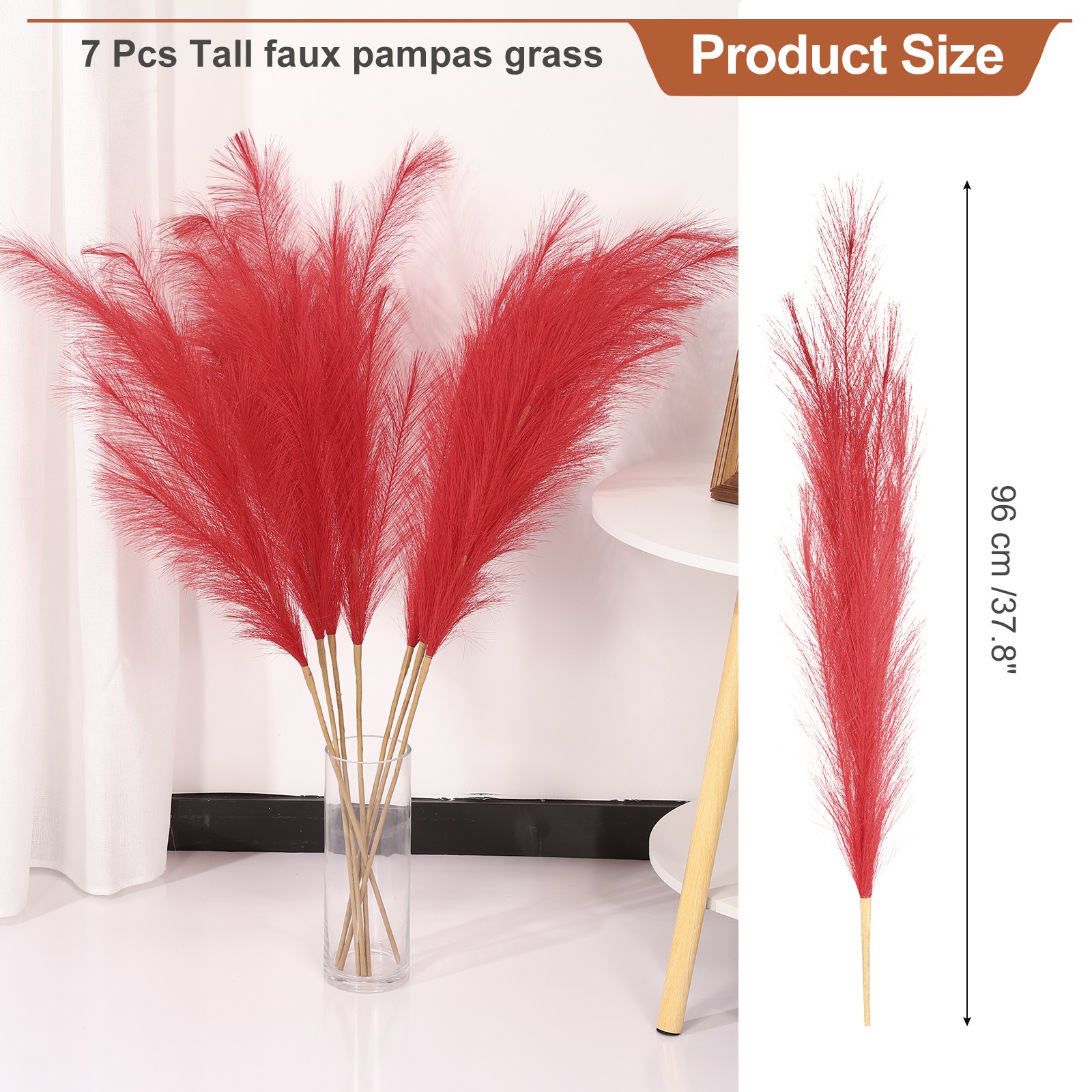 37.8in Pampas Grass Decor, 7 Pcs Artificial Pampas Grass Bulk, Red
