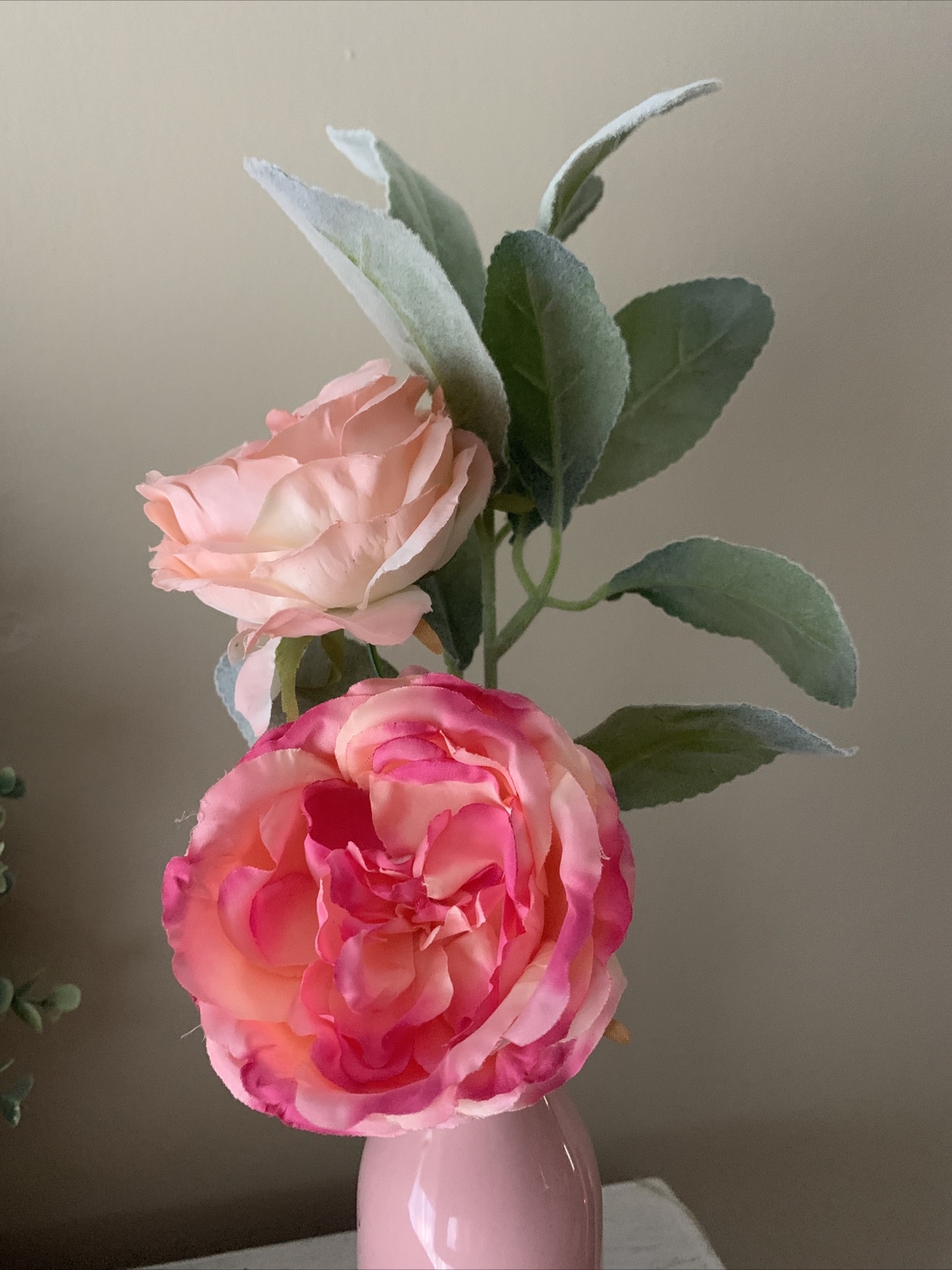 13” pink glass vase roses lambs ear stem farmhouse decor Floral Arrangement ❤️tb