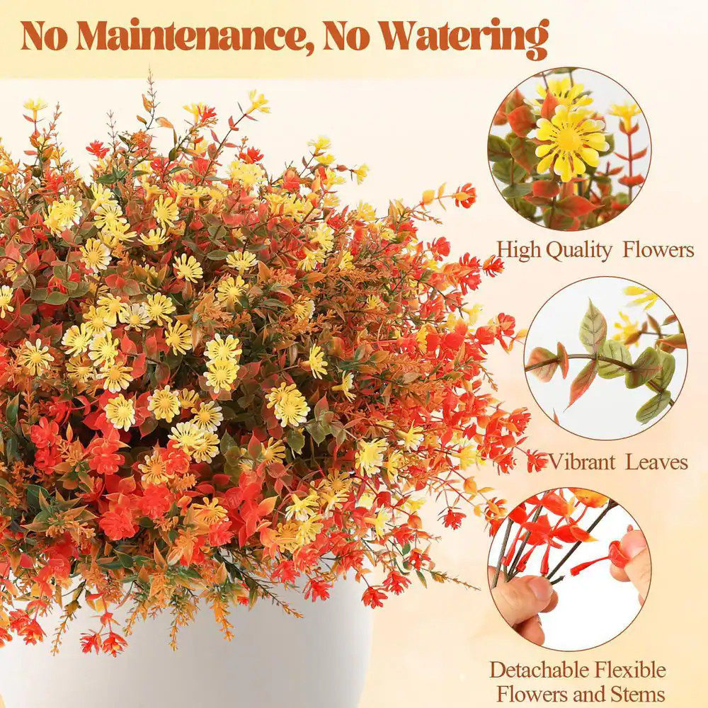 1 In. H Orange Artificial Mums 12-Bundles UV Resistant Fake Flowers for Outdoor