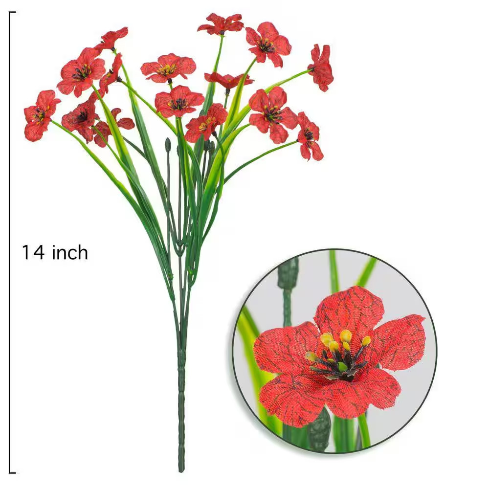 14 In. Red Outdoor Artificial Flowers 21 UV Resistant Bundles Fake Flower Plasti
