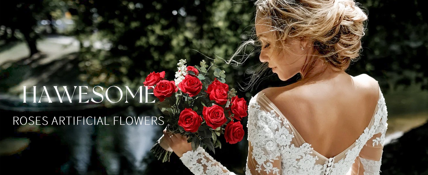 12PCS Artificial Silk Flowers Realistic Roses Bouquet Long Stem for Home Wedding