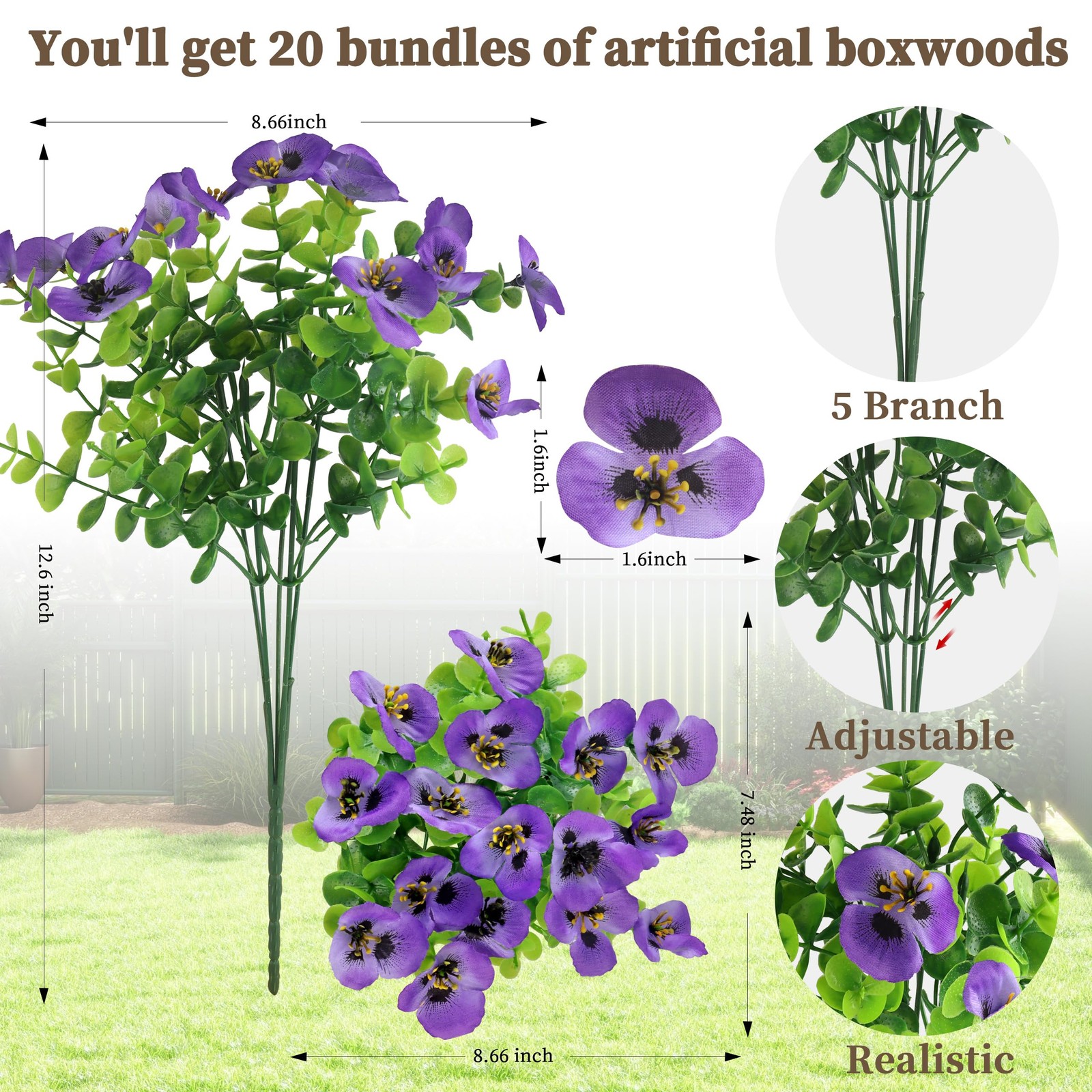 20 Bundles Artificial Fake Pansy Flowers for Outdoor – Yellow, White, Purple,…