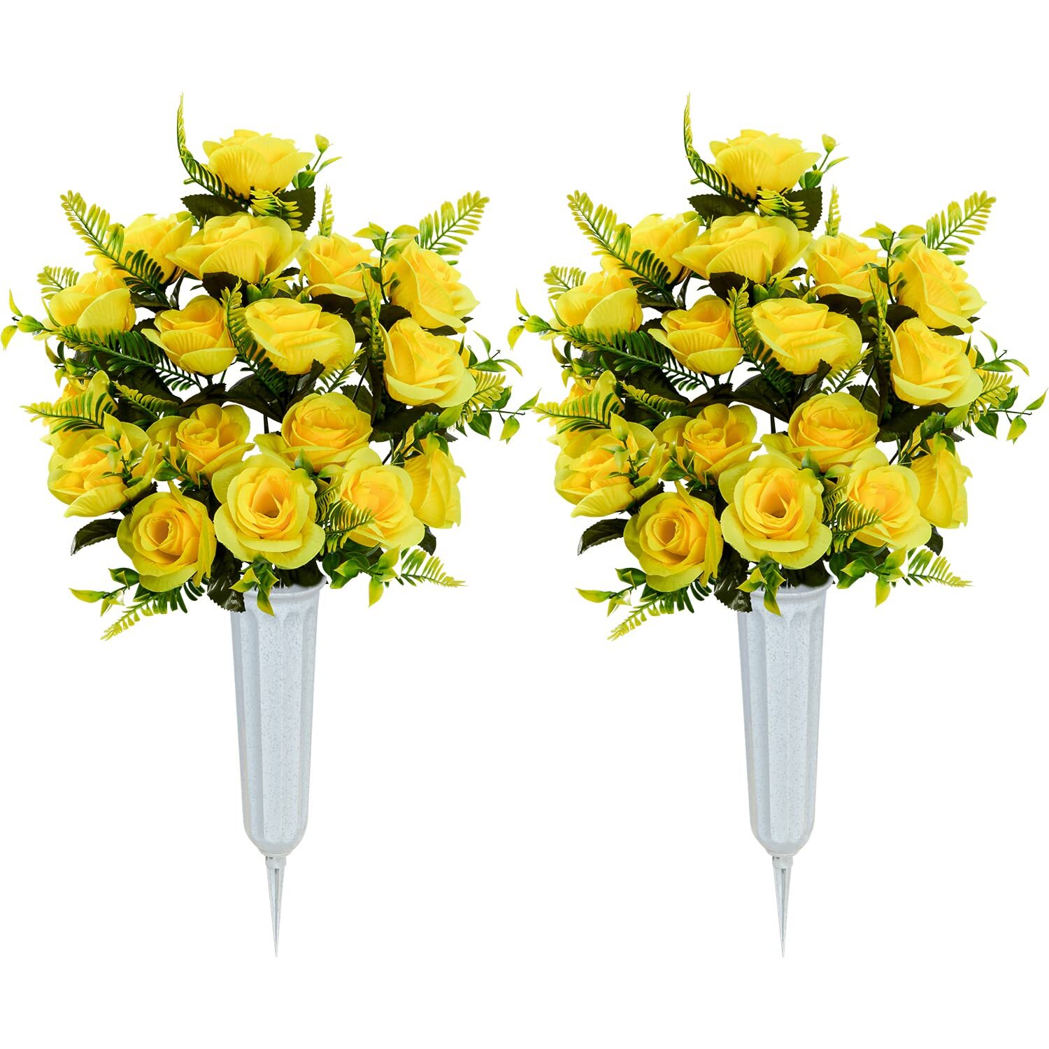 2 Pack Red Artificial Cemetery Flowers with Vase Rose Bouquet Graveside Decor