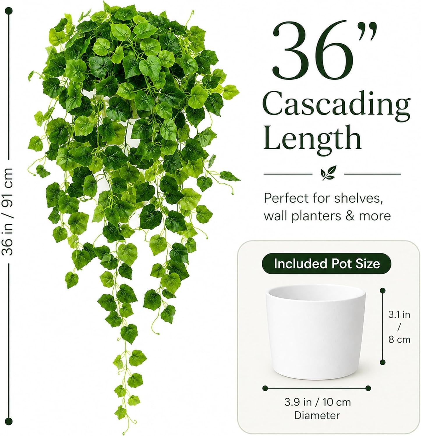 36″ Fake Pothos Hanging Plant in Pot, Artificial Hanging Plant with 168 Lush …