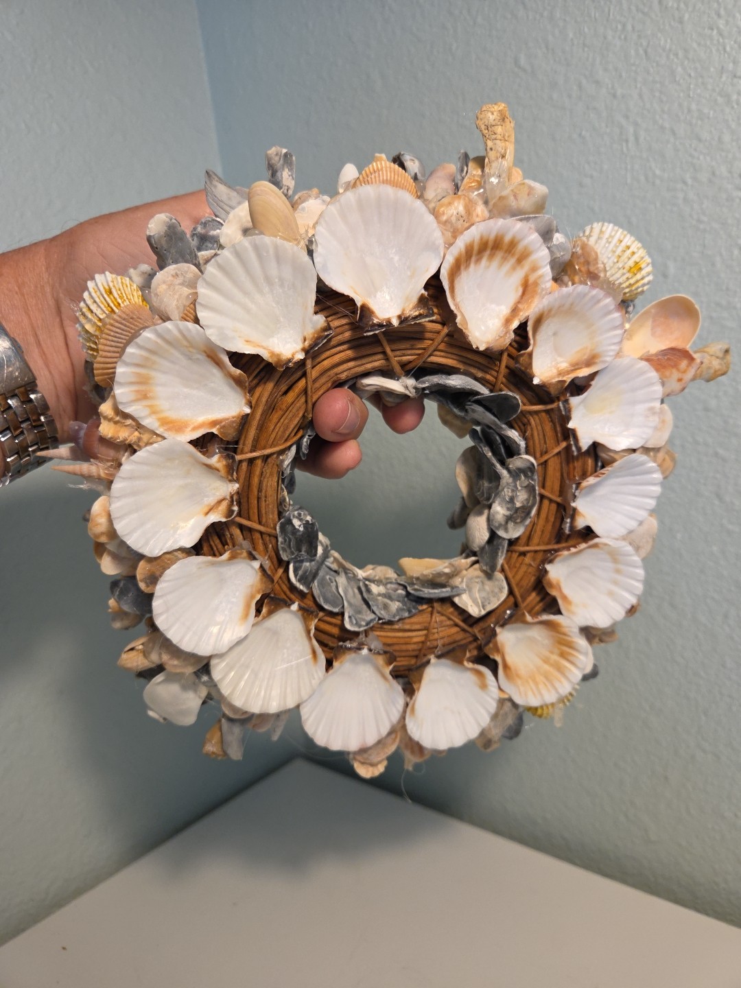 Coastal Seashell Wreath Fossil Shark Teeth Nautical 10″ Center Piece, Hang